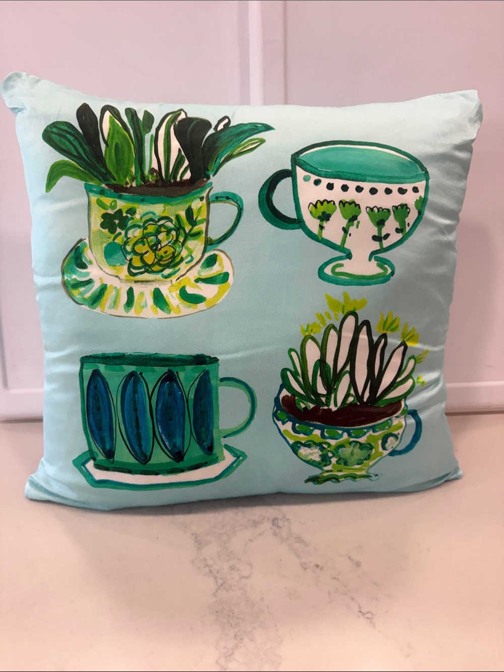 Kate Spade Teacup Planter Throw Pillow - Aqua with Green and Teal Cups